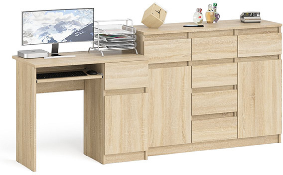 Мори компьютерный стол МС-1 правый + Комод МК1200.4, дуб сонома
