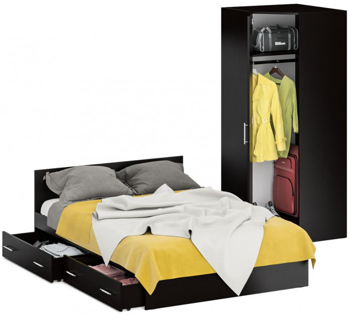 Кровать с ящиками 1400 + Шкаф угловой Стандарт, цвет венге, ШхГхВ 143,5х203,5х70 + 81,2х81,2х200 см., сп.м. 1400х2000 мм., без матраса, основание есть