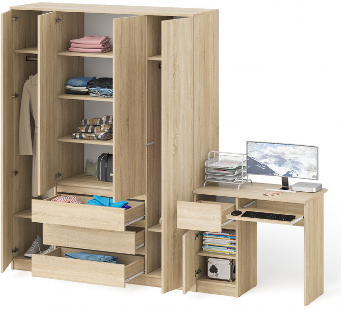 Мори Стол компьютерный МС-1 левый + Шкаф МШ1600.1, цвет дуб сонома, ШхГхВ 250,4х50,4х209,6 см., выдвижной ящик слева, НЕ универсальная сборка