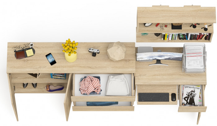 Мори Стол компьютерный МС-1 правый + Комод МК1600.1 + Полка 900, цвет дуб сонома, ШхГхВ 250,4х50х209,6 см., НЕ универсальная сборка