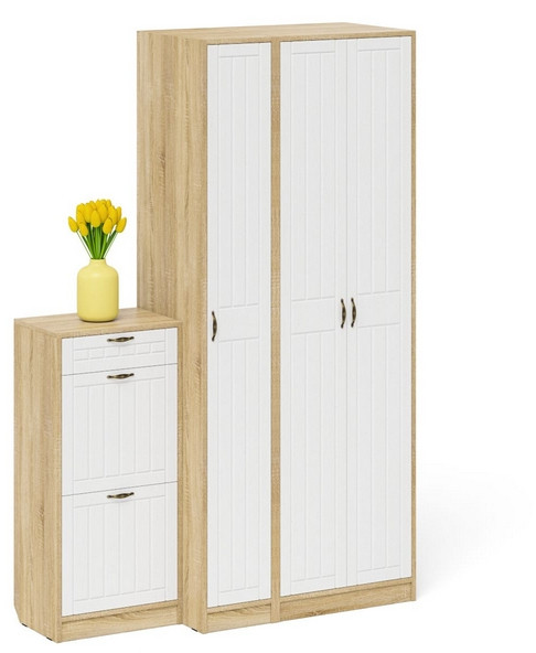 Прихожая П-6 Компоновка № 48, дуб сонома/фасады МДФ белое дерево фрезеровка прованс