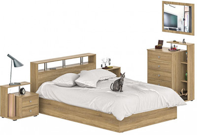 Камелия спальня № 5 Кровать 1400 + Две тумбы + Комод + Зеркало, дуб сонома