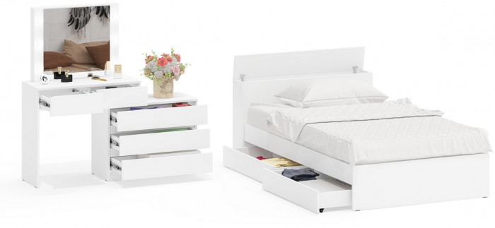 Ксения Кровать с ящиками 1200 + Стол косметический с подсветкой 110, белый