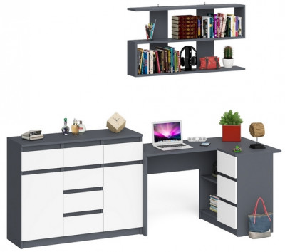 Мори компьютерный стол МС-16 правый + Комод МК1200.4 + Полка 1200, графит/белый