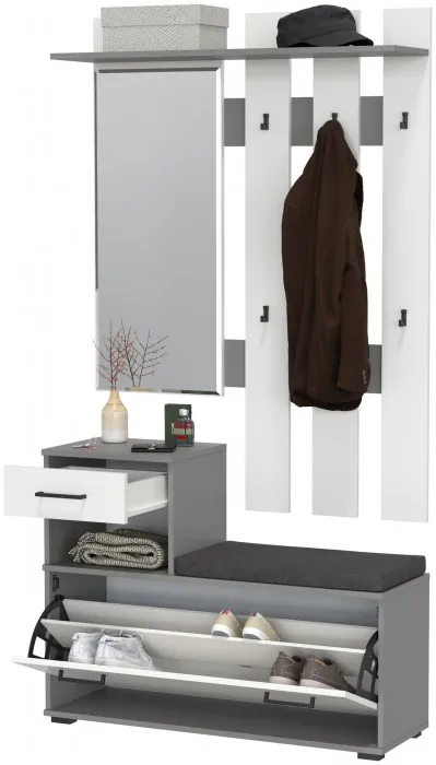 Лира ГК Прихожая 1 2-0714+2-3814 Тумба под обувь + Вешалка с зеркалом, цвет графит/белый, ШхГхВ 100х33х185 см., универсальная сборка