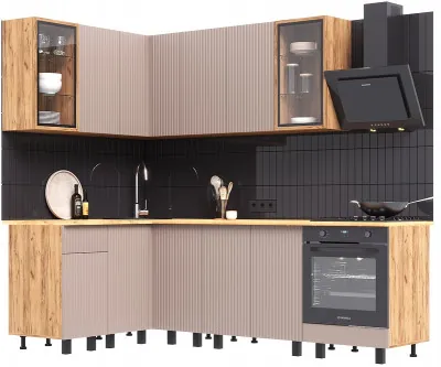 Угловая кухня Оливия NEW 1,4х2,4м, Крафт золотой/Холст латте