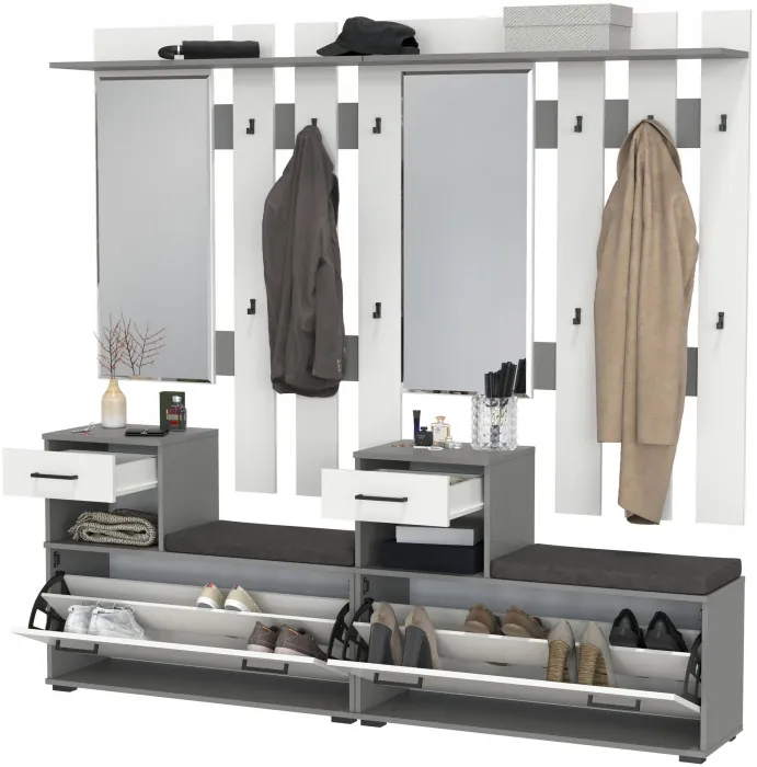 Лира ГК Прихожая 2 Два х Тумба под обувь + Два х Вешалка с зеркалом, цвет графит/белый, ШхГхВ 200х33х185 см., универсальная сборка