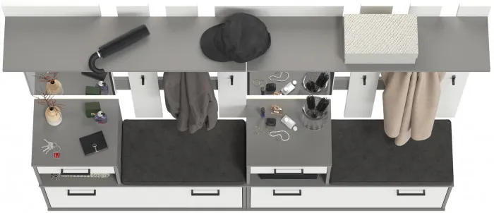 Лира ГК Прихожая 2 Два х Тумба под обувь + Два х Вешалка с зеркалом, цвет графит/белый, ШхГхВ 200х33х185 см., универсальная сборка