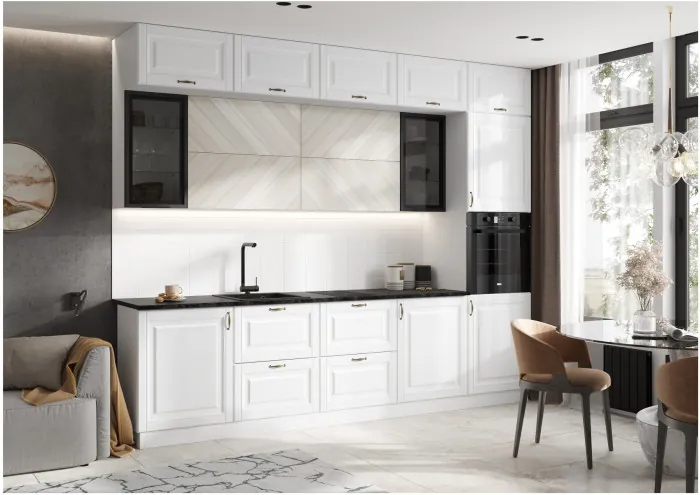 Кухня Престиж 3,0м Компановка №2 Белый/Браш Вайт/Прайм жемчуг