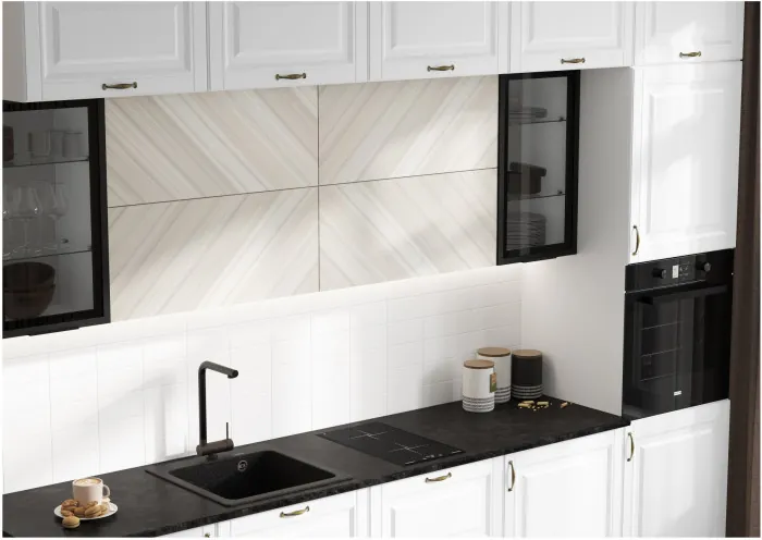 Кухня Престиж 3,0м Компановка №2 Белый/Браш Вайт/Прайм жемчуг