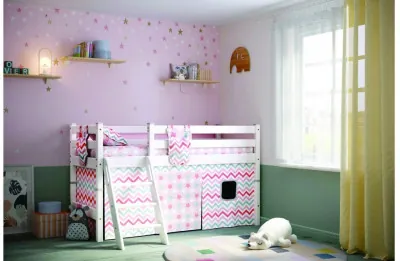 Кровать Соня (вариант 12) низкая с наклонной лестницей, белый