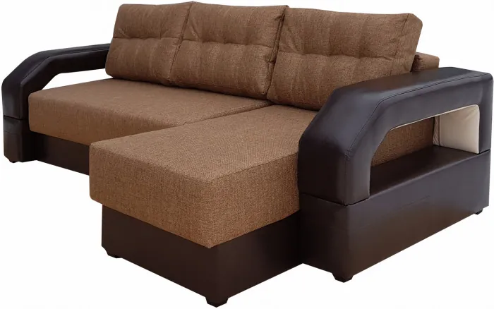Угловой диван-еврокнижка Манчестер 160х200, с подсветкой, велюр/экокожа коричневая