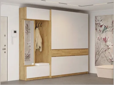 Модульная прихожая Бостон МДФ, композиция 2 (Белый глянец, Дуб Крафт Золотой)