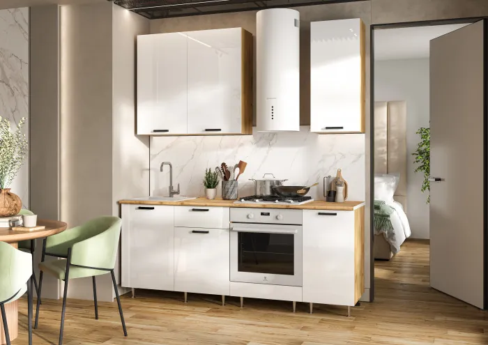 Кухня Рио NEW ЛДСП 2,0/900м (490) Компановка №2 Белый глянец, Дуб Крафт