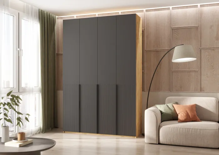 Марвэл Шкаф 4-х створчатый 1600, с доп.ящиками Браш Графит, Дуб Крафт