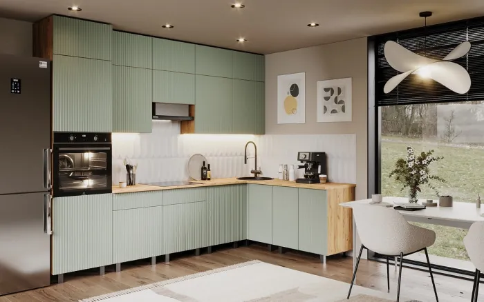 Кухня Оливия NEW 3,0х1,8/1080м Компоновка №3, Крафт золотой/Олива софт