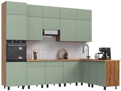 Кухня Оливия NEW 3,0х1,8/1080м Компоновка №3, Крафт золотой/Олива софт