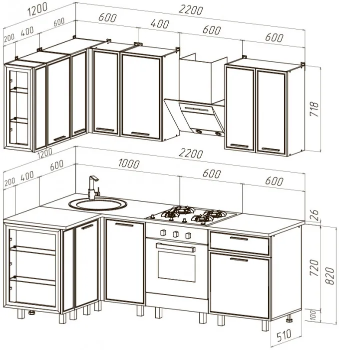 Модульная кухня Бьянка 1,2х2,2м, Крафт золотой/Кашемир
