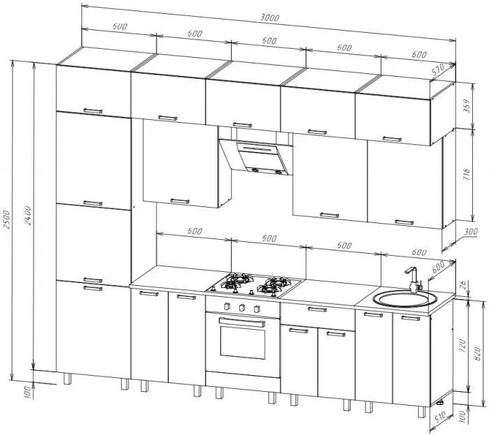 Кухня Техно 3,0/1080м Компоновка №6, Белый/Белый глянец (Антарес)