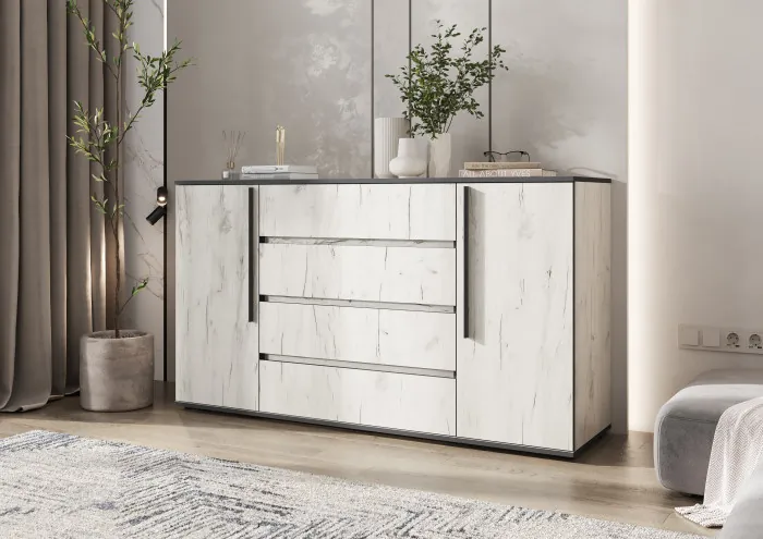 Норд Комод 2 двери 4 ящика (1600), Дуб Крафт Белый