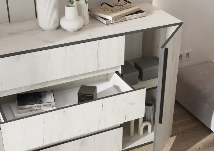 Норд Комод 2 двери 4 ящика (1600), Дуб Крафт Белый