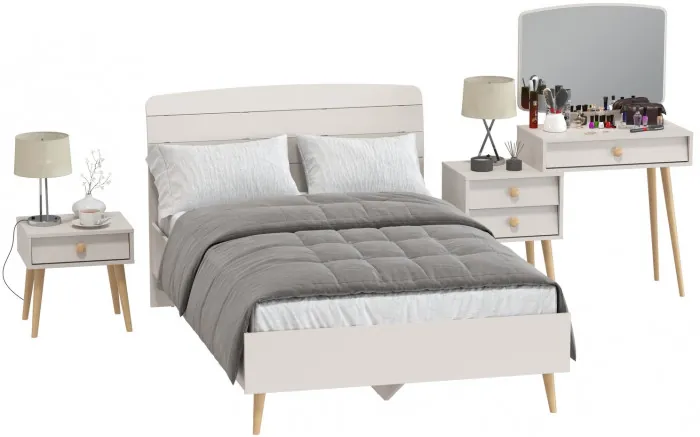 Афина Спальня Кровать 1200 + Трюмо + Тумба, цвет кашемир серый, ШхГхВ 123,6х210,2х95,7 + 105х38,6х129 + 45х37х45 см., 1200х2000 мм., б/м, осн. есть