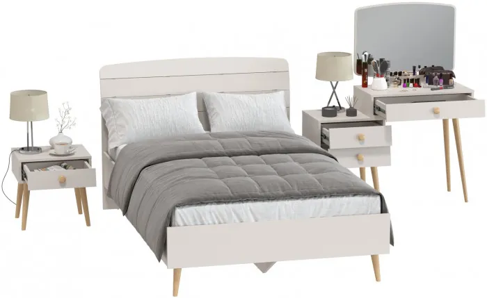 Афина Спальня Кровать 1200 + Трюмо + Тумба, цвет кашемир серый, ШхГхВ 123,6х210,2х95,7 + 105х38,6х129 + 45х37х45 см., 1200х2000 мм., б/м, осн. есть