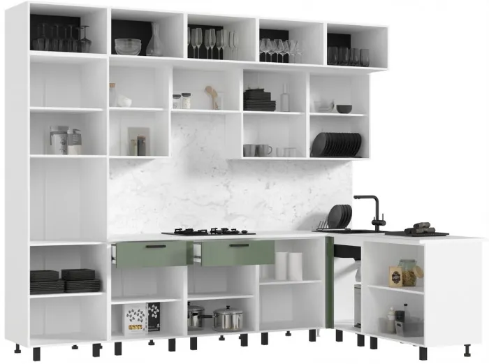 Кухня Техно 3,0х1,8/1080м Компоновка №8, Белый/Олива глянец