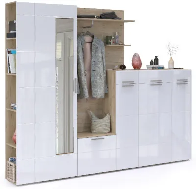 Лайн Прихожая № 11, дуб крафт серый/фасады МДФ белый глянец