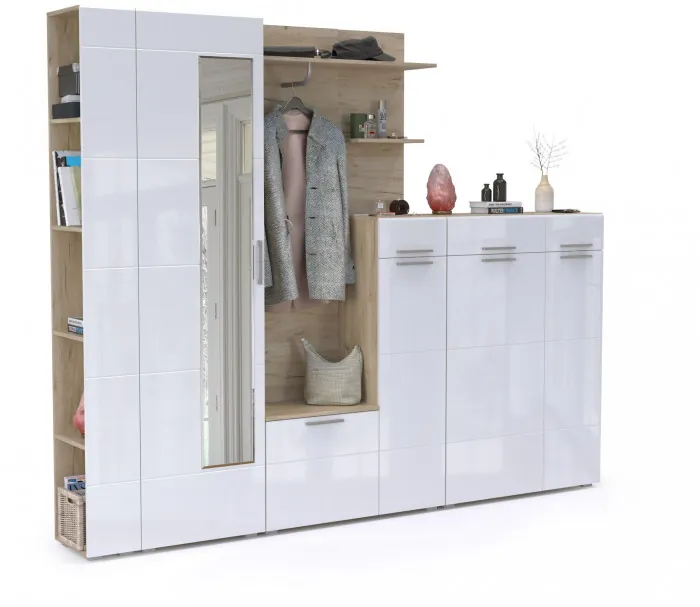 Лайн Прихожая № 11, дуб крафт серый/фасады МДФ белый глянец