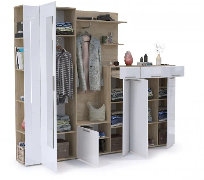 Лайн Прихожая № 11, дуб крафт серый/фасады МДФ белый глянец