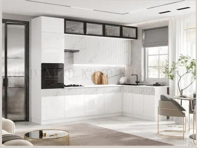 Кухня МДФ Оливия New 3000х1800 (Белый глянец / Мрамор золото, Белый)