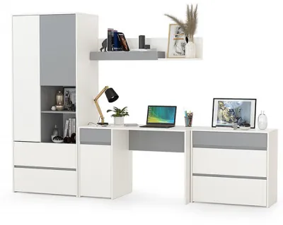 Торонто Компоновка № 03, цвет белый шагрень/стальной серый, ШхГхВ 280х53,1х195,7 см., универсальная сборка