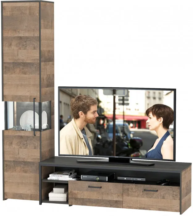 Трувор 13.70 Тумба под ТВ + 13.205 Шкаф-пенал с витриной, цвет дуб гранж песочный/интра, ШхГхВ 194,6х45,4х210 см., универсальная сборка