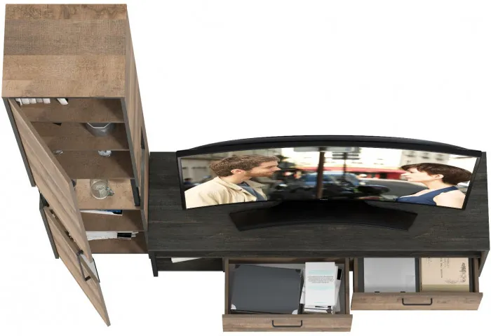 Трувор 13.70 Тумба под ТВ + 13.205 Шкаф-пенал с витриной, цвет дуб гранж песочный/интра, ШхГхВ 194,6х45,4х210 см., универсальная сборка