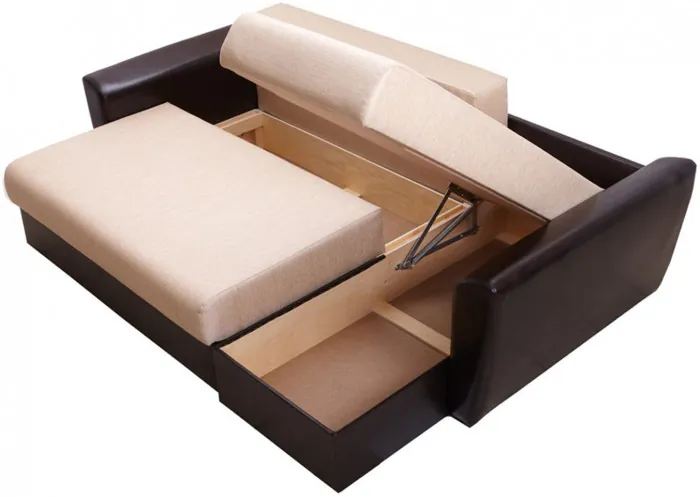 Диван-еврокнижка угловой Амстердам, 150х200, рогожка/экокожа бежево-коричневый