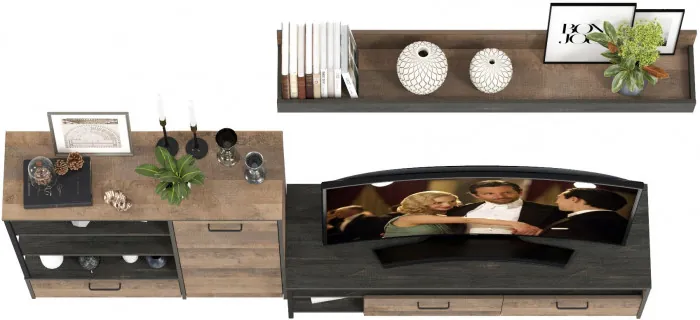 Трувор 13.70 Тумба под ТВ + 13.307.01 Комод + 15.60 Полка, цвет дуб гранж песочный/интра, ШхГхВ 258,8х45,4х195 см., универсальная сборка