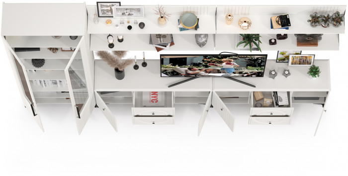 Валенсия Гостиная № 084, цвет ЛДСП белый шагрень/МДФ белый шагрень, ШхГхВ 350,3х38,3х225,2 см., универсальная сборка