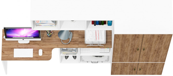 Лидер-8 Стол + Полка + Пенал МД 23Б + Пенал МД 23Б, белый шагрень/крафт золото