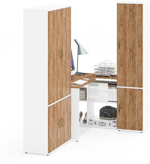 Лидер-8 Шкаф МД 20Б + Стол + Пенал 22Б, белый шагрень/крафт золото