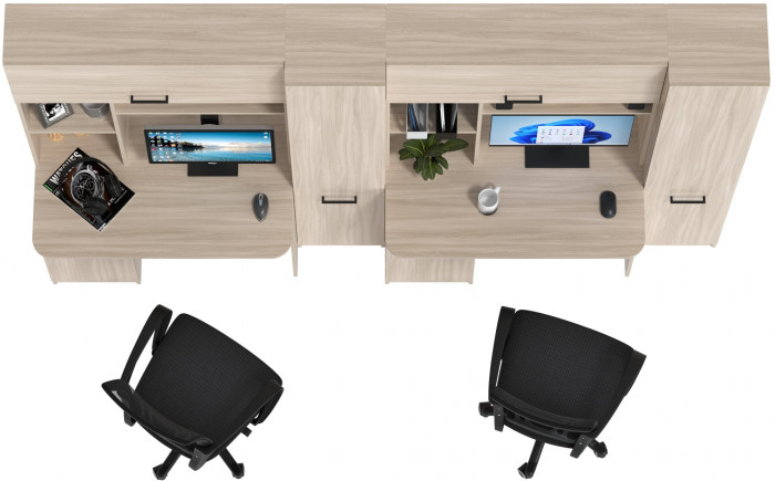 Два стола рабочих 6-0603 Альфа + два кресла 103 чёрных, цвет ясень шимо светлый, ШхГхВ 274х61х181 см., универсальная сборка