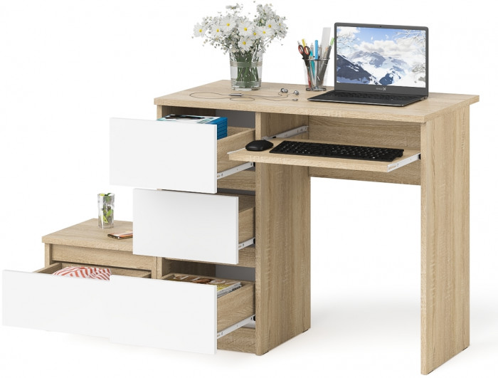 Мори Стол компьютерный МС-6 левый + Тумба ТМП400.1, цвет дуб сонома/белый, ШхГхВ 130,4х50х76,6 см., выдвижные ящики слева, НЕ универсальная сборка