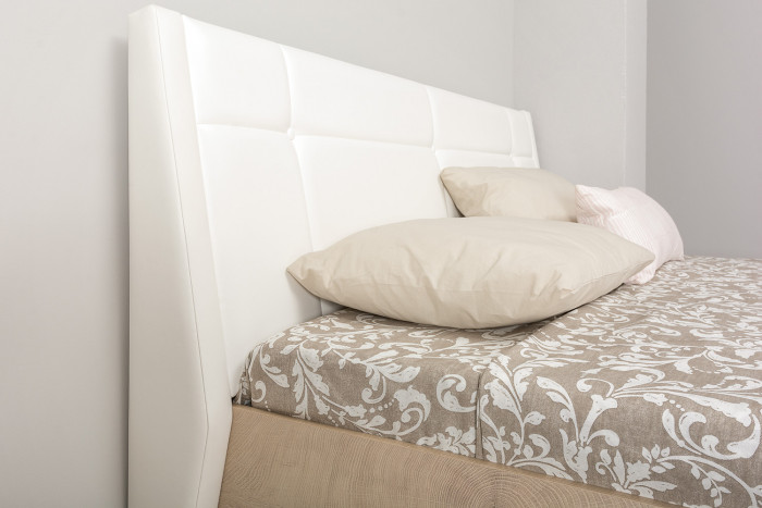 Муссон Кровать 11.28 + подъёмный ортопед + Бостон 12.69, цвет дуб эндгрейн элегантный/искусственная кожа белая, сп. м. 1600х2000 мм., б/м