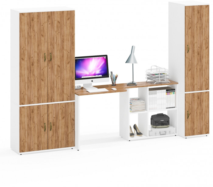 Лидер-8 Шкаф МД 20Б + Стол + Пенал 23Б, белый шагрень/крафт золото