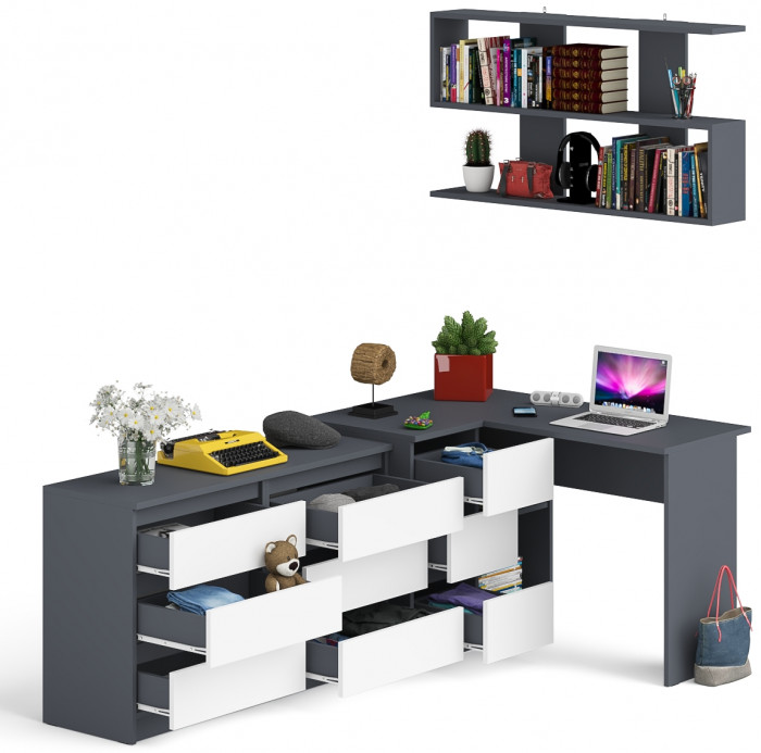Мори компьютерный стол МС-16 левый + Комод МК1200.6 + Полка 1200, графит/белый