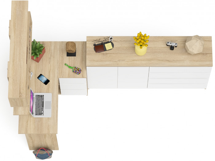 Мори компьютерный стол МС-16 правый + Комод МК1600.1 + Полка 1200, дуб сонома/белый
