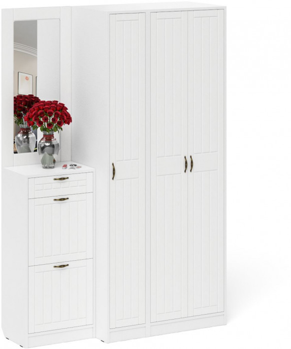 Прихожая П-6 Компоновка № 49, белая шагрень/фасады МДФ белое дерево фрезеровка прованс