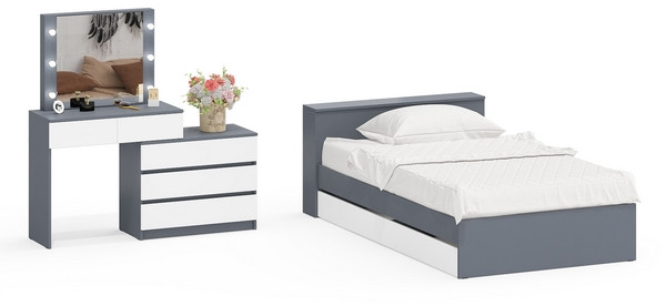 Ксения Кровать с ящиками 1200 + Стол косметический с подсветкой 110, графит/белый