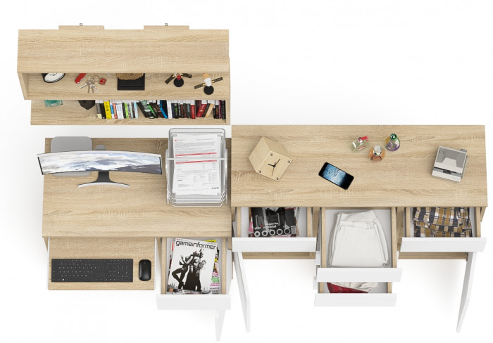 Мори компьютерный стол МС-1 правый + Комод МК1200.4 + Полка 900, дуб сонома/белый