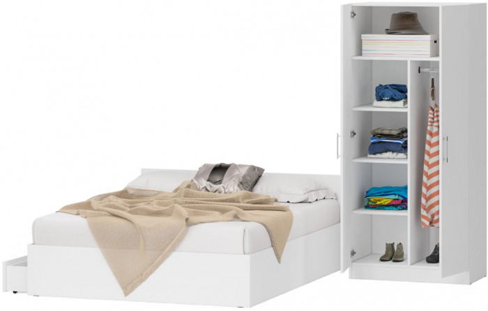 Кровать с ящиками 1600 + Шкаф 2-х створчатый Стандарт, цвет белый, ШхГхВ 163,5х203,5х70 + 90х52х200 см., сп.м. 1600х2000 мм., б/м, основание есть